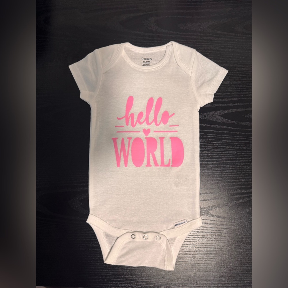 Custom Gerber White and Pink 'Hello World' Baby Onesie